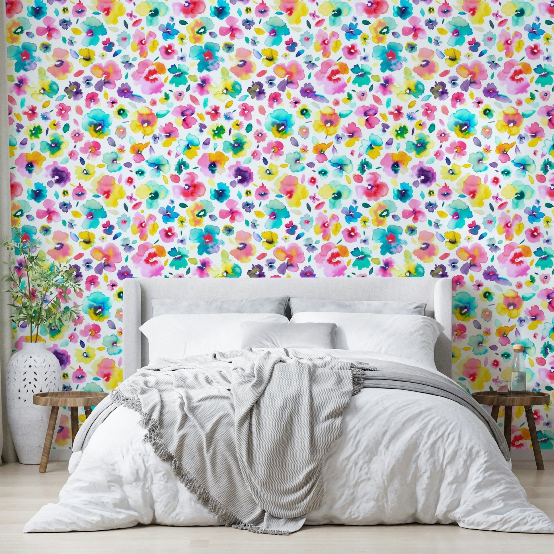 Watercolor mural with bold tropical blossoms

