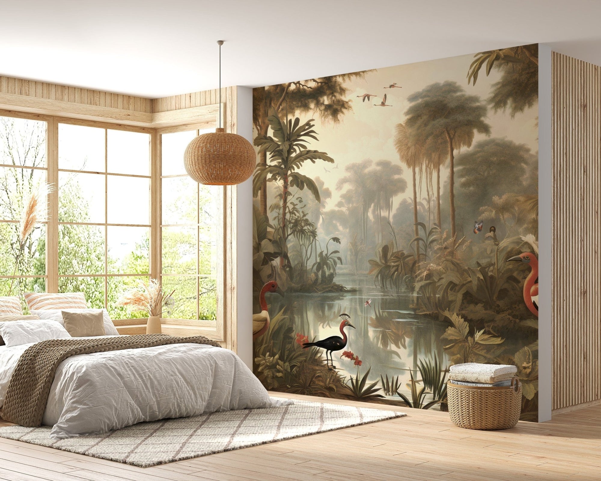 Watercolor riverside forest wallpaper mural with serene charm A359
