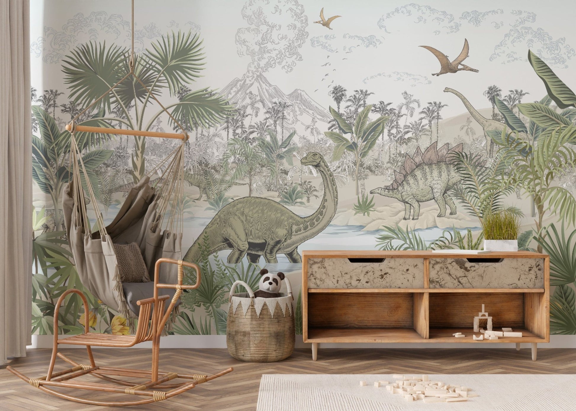"Prehistoric jungle wallpaper with dinos"

