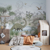"Dinosaur mural wallpaper with wild jungle"
