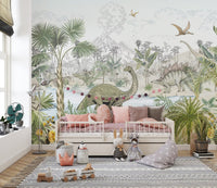 "Prehistoric jungle wallpaper with dinos"
