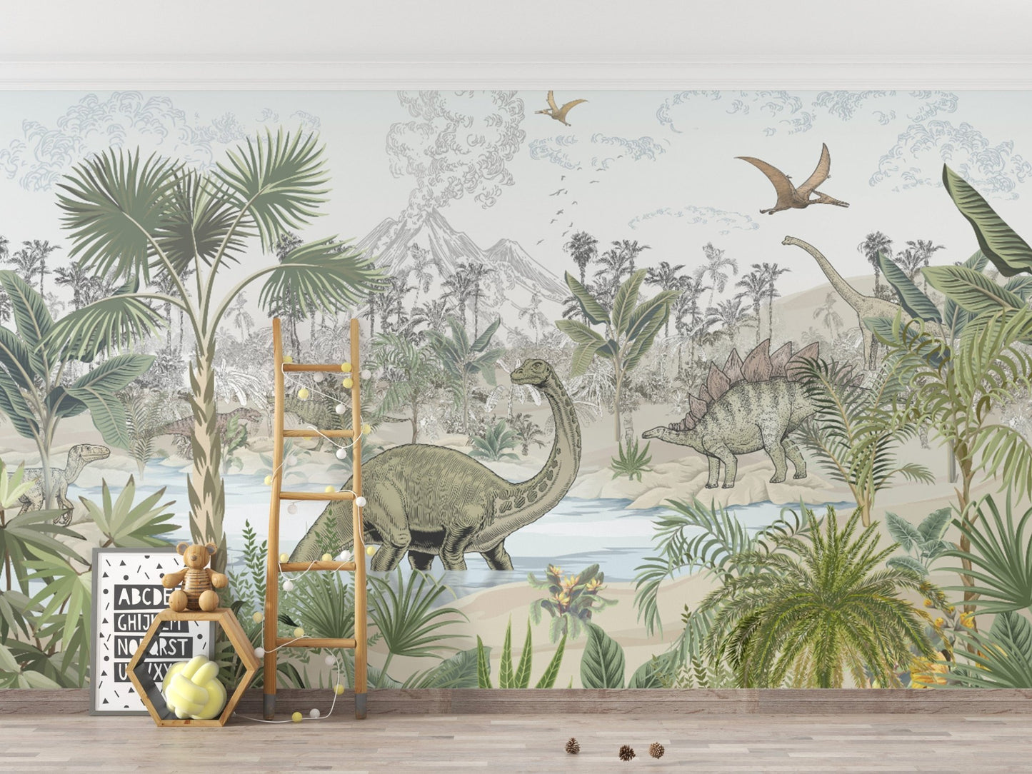 "Dinosaur-themed wallpaper with palm trees"
