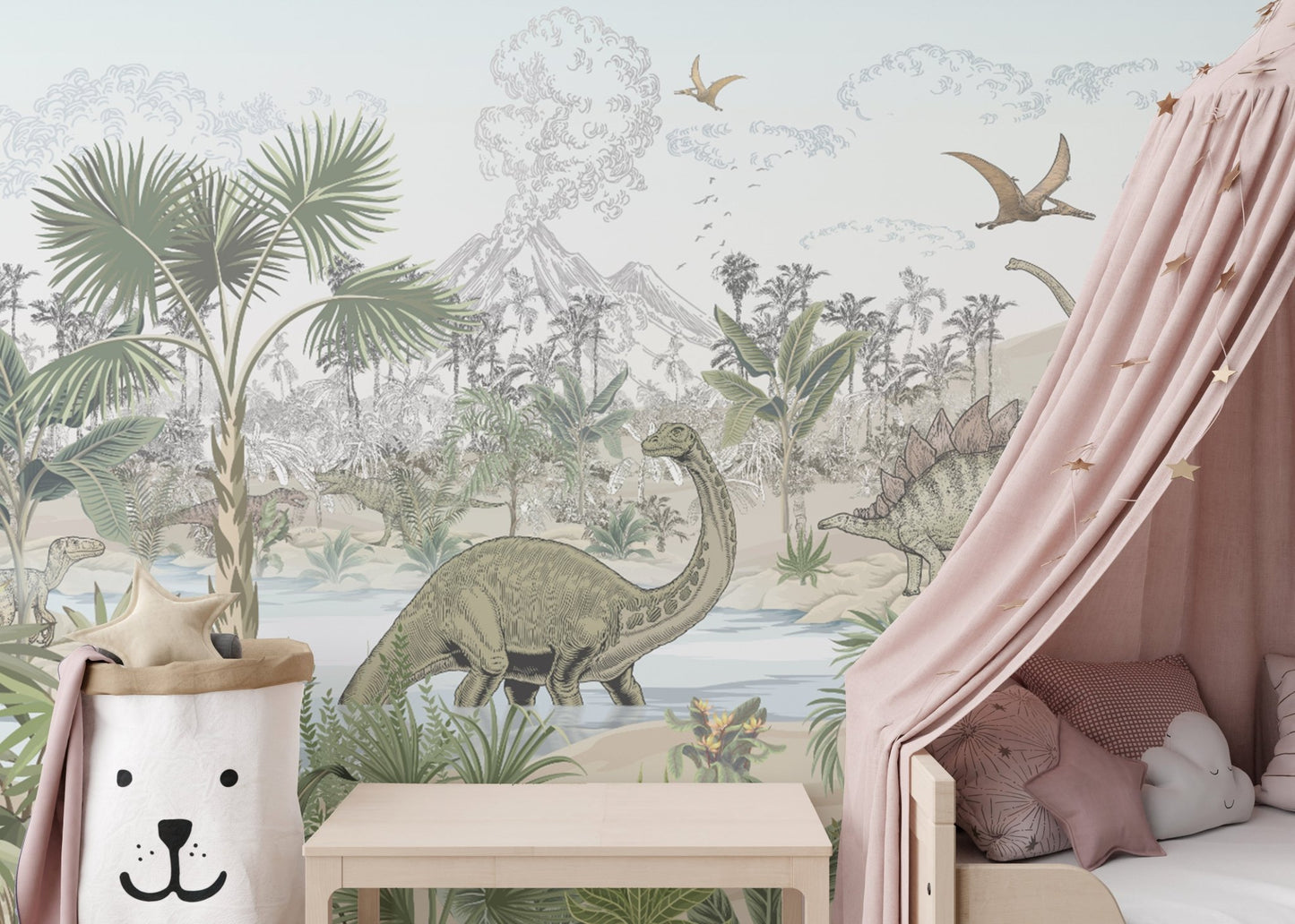 "Jurassic-style wallpaper with dinosaurs"
