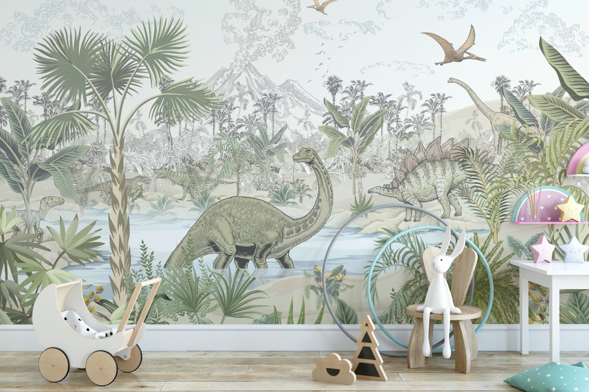 "Dinosaur wallpaper with jungle scenery"
