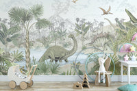"Dinosaur wallpaper with jungle scenery"
