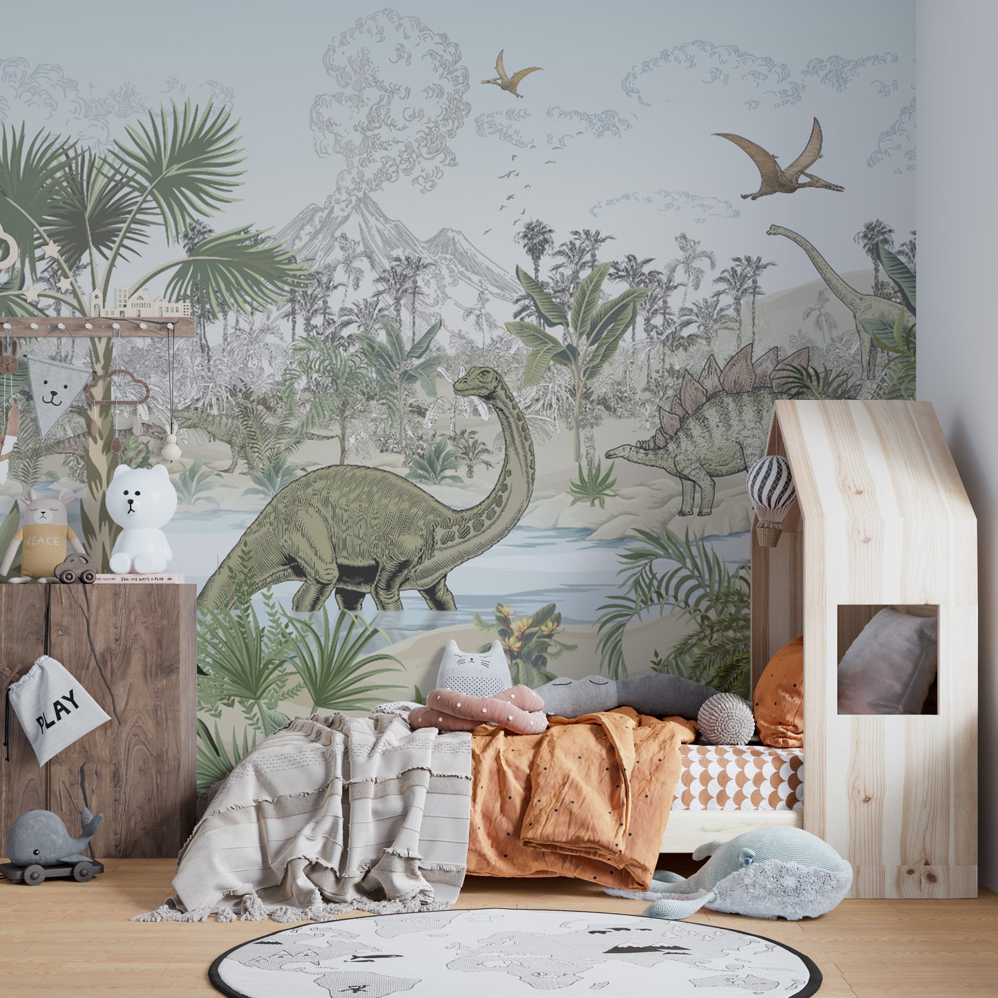 "Dinosaur mural wallpaper with wild jungle"
