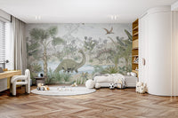 "Kids wallpaper featuring jungle dinosaurs"

