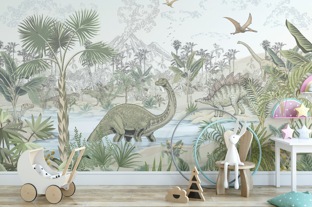 "Dinosaur wallpaper with jungle scenery"

