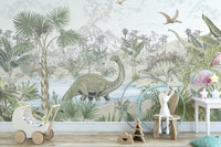"Dinosaur wallpaper with jungle scenery"
