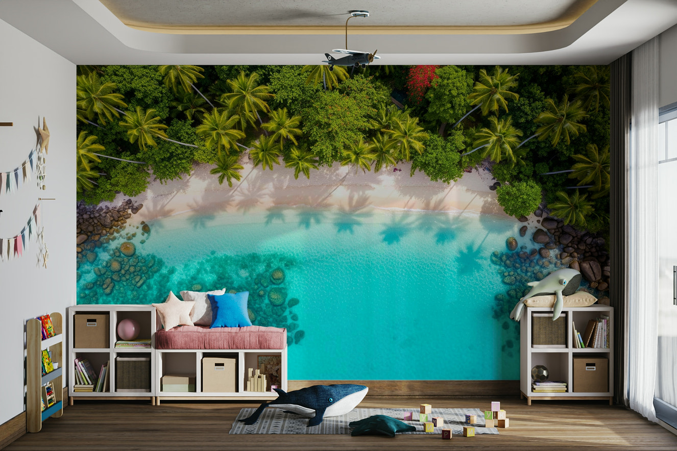 A full-wall mural of a serene tropical scene.
