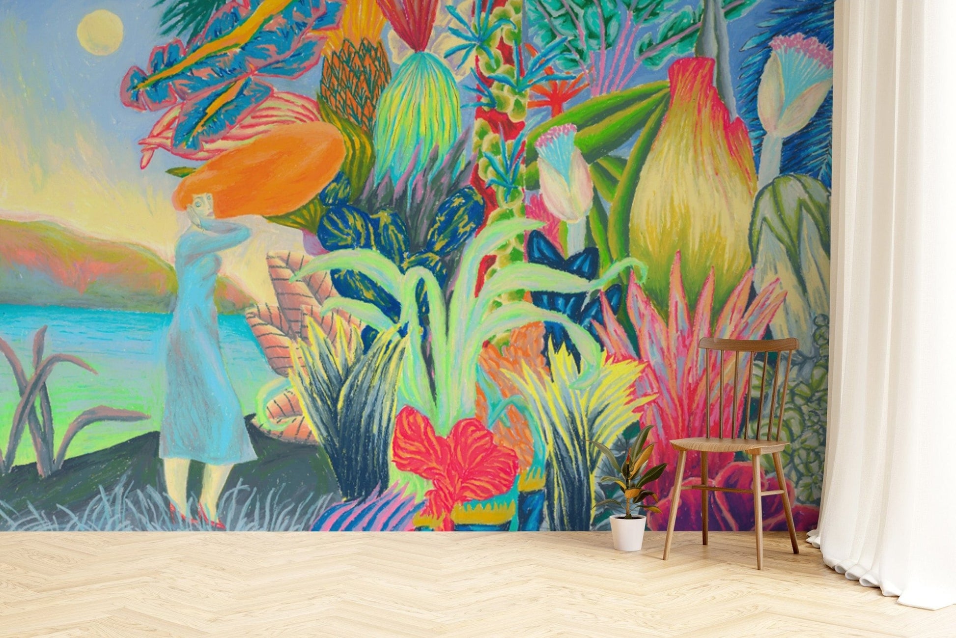 Jungle-themed botanical wallpaper print
