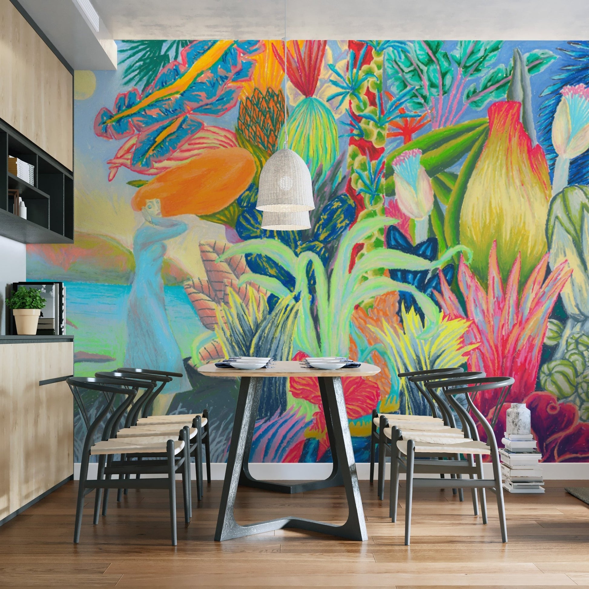 Fantasy floral wallpaper with greenery