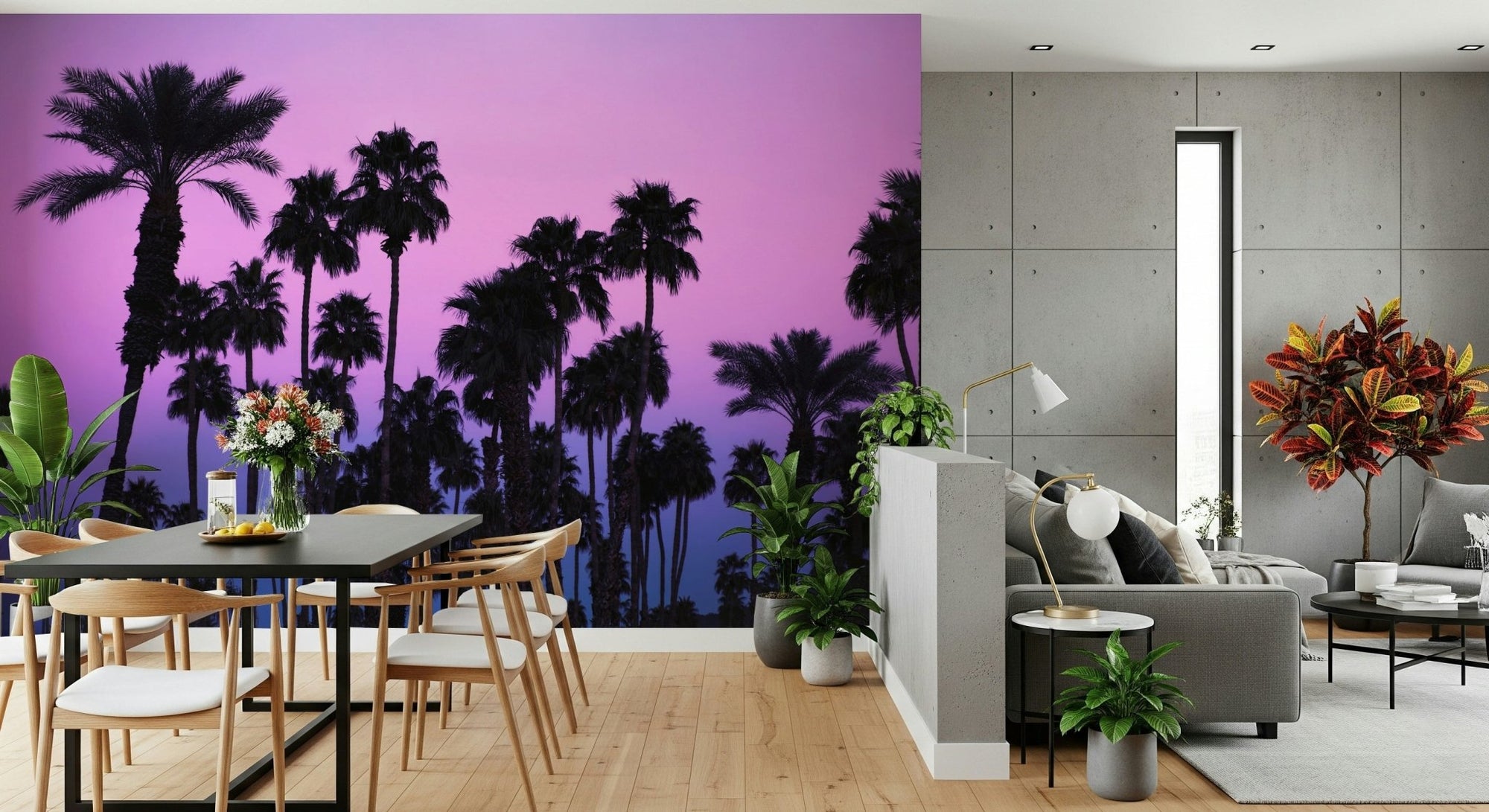 A beautiful palm tree wallpaper mural silhouetted against a dusky tropical sunset., GD5777