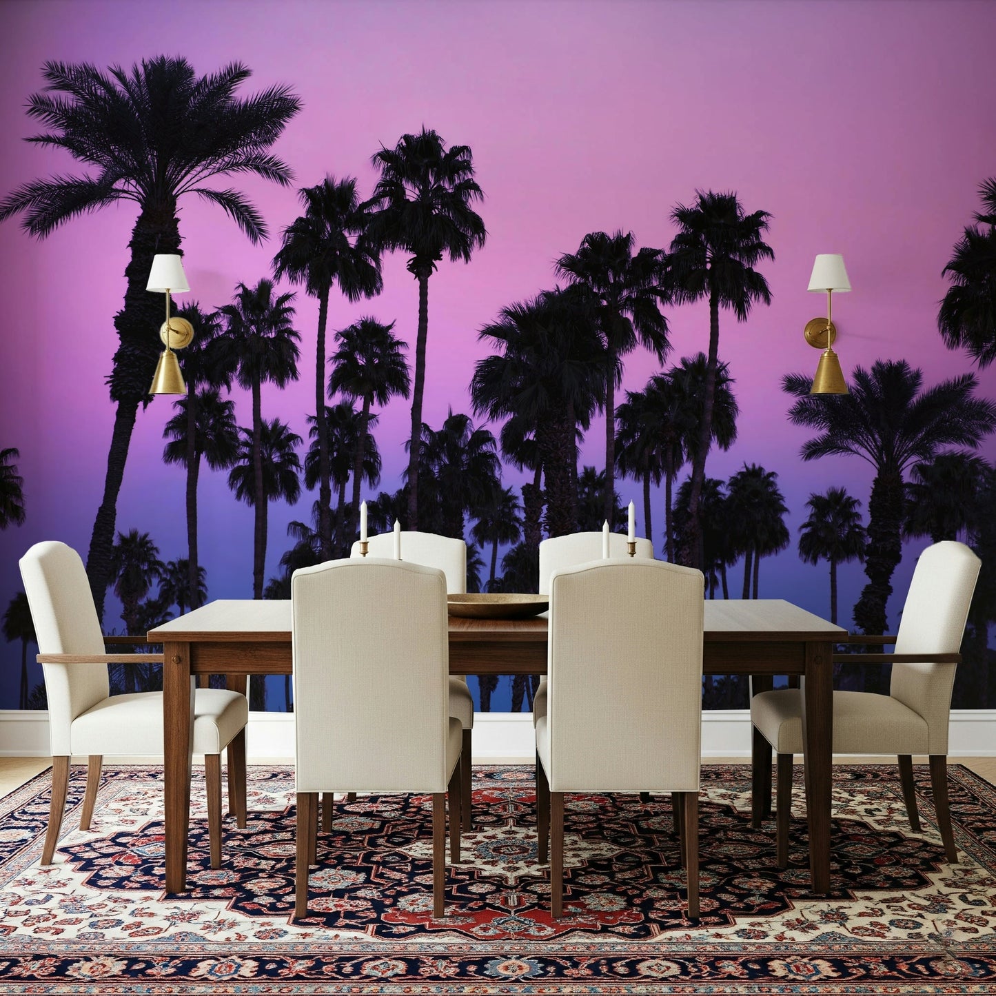 A serene subtle tropical wall mural in rich, twilight tones.