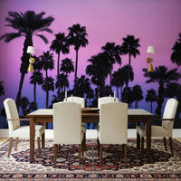 A serene subtle tropical wall mural in rich, twilight tones.