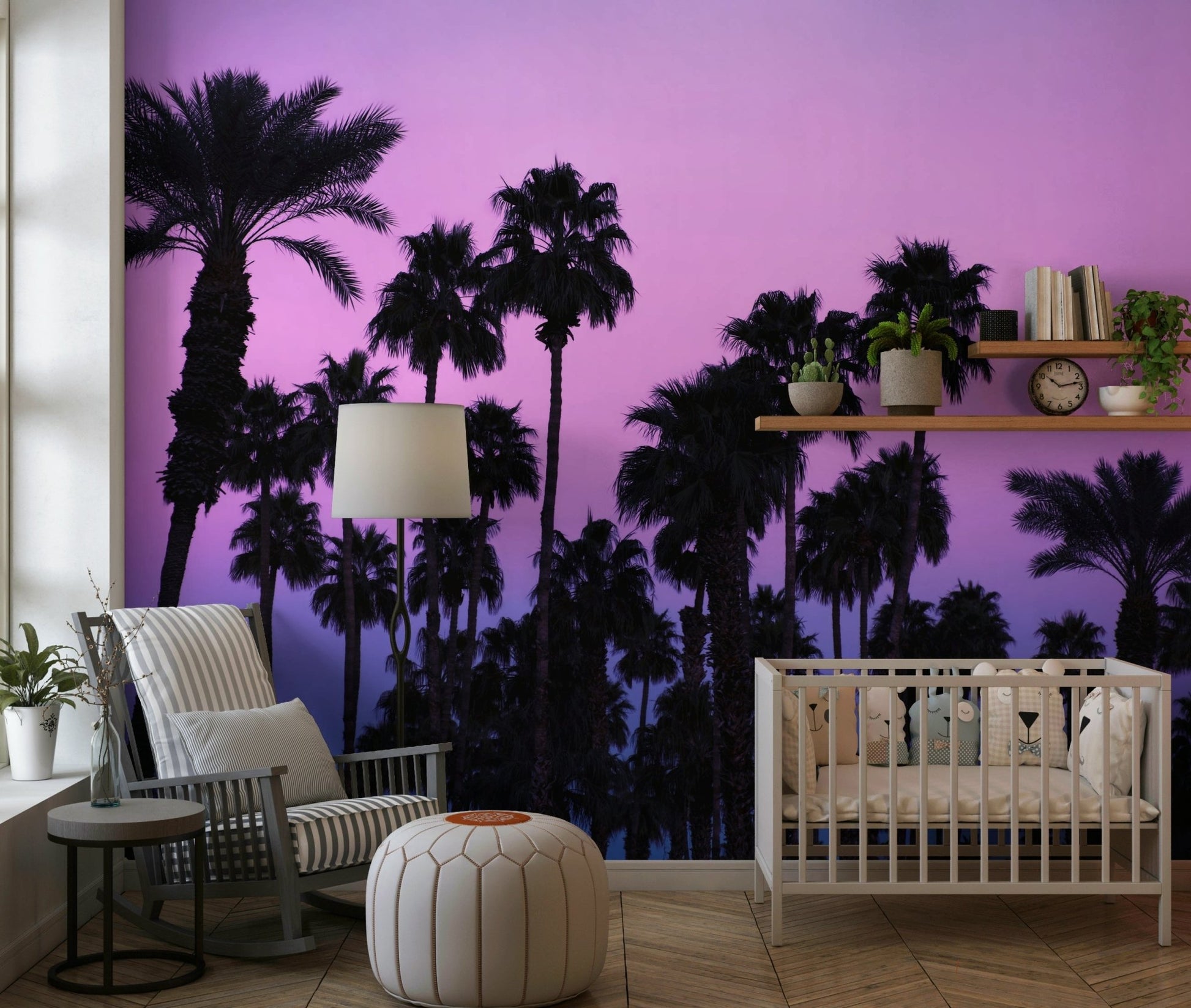 A peaceful tropical vista mural on decorative wallpaper.