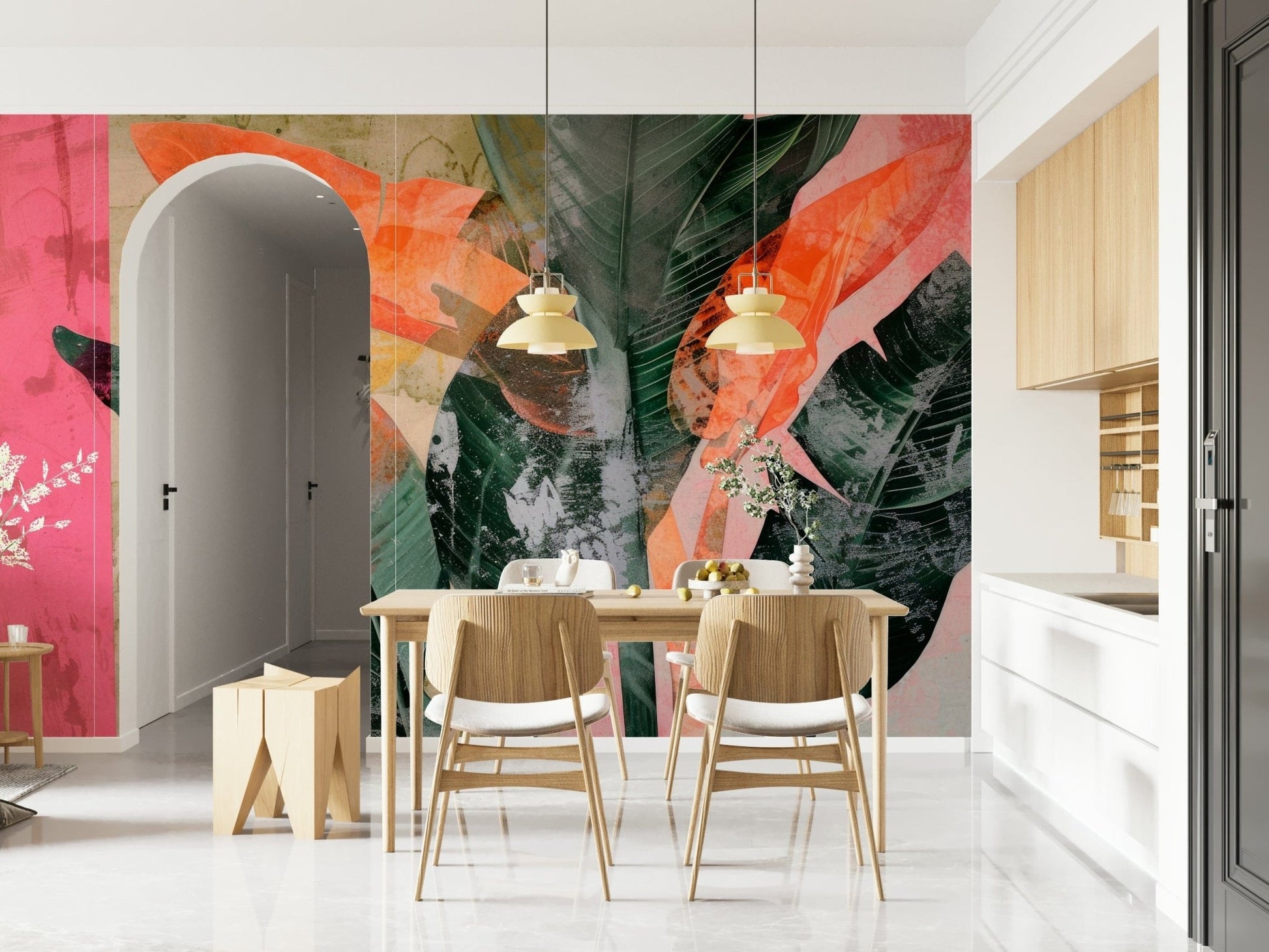 A peaceful overlapping leaf mural on decorative wallpaper.