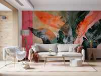 An artistic lush tropical mural on minimalist wallpaper.