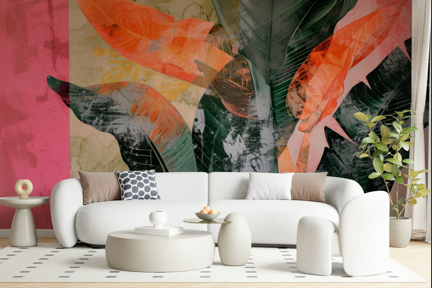A contemplative leaf design wallpaper mural for a feature wall.