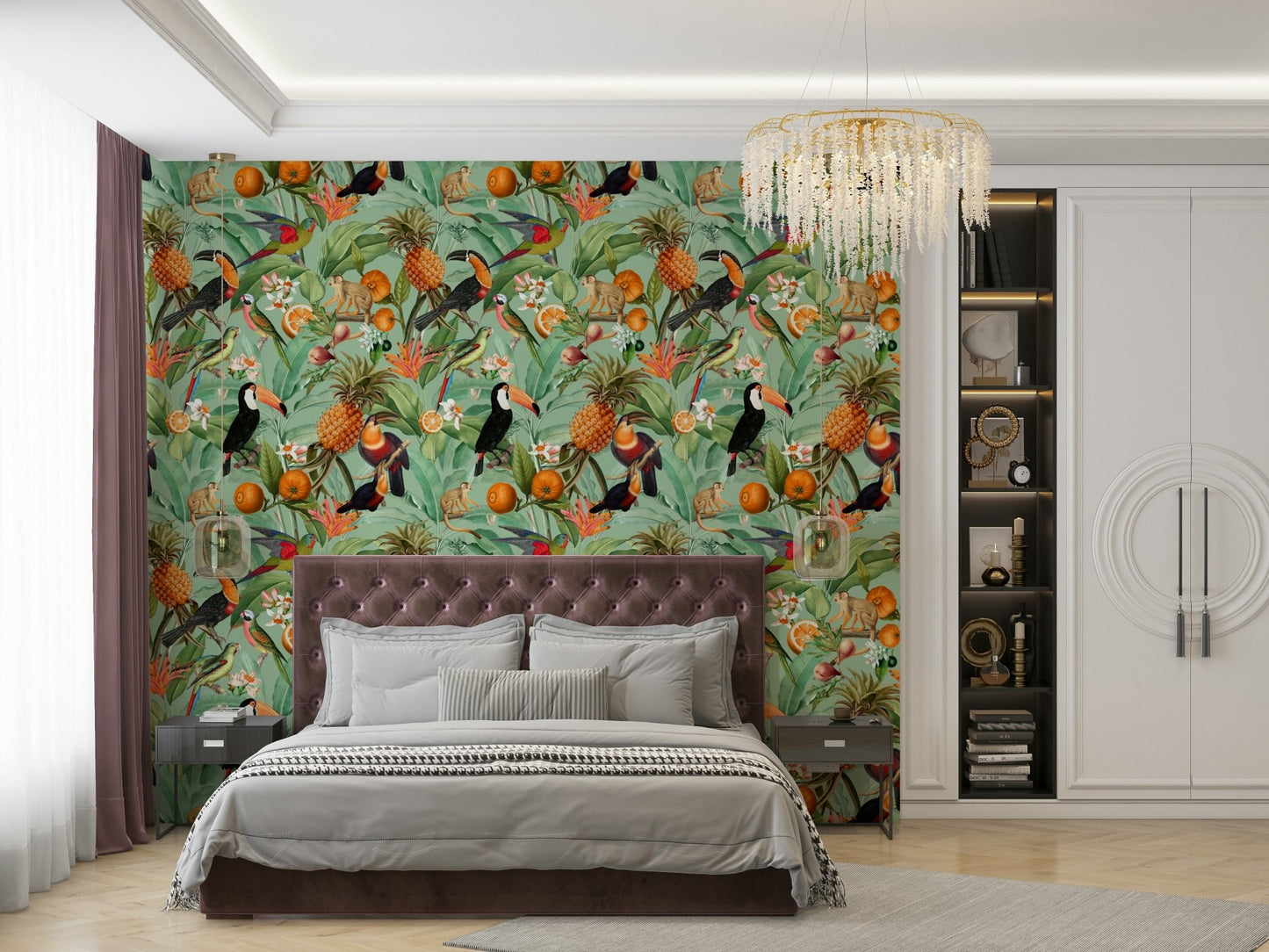Lush tropical foliage pattern in Tropical Eden 1 wallpaper.

