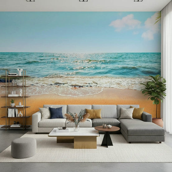 Tropical Escape wall mural showing turquoise surf on a golden sandy shore GD7386