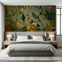 Bedroom setting featuring Tropical Explorers' Chart wall mural with bird detail