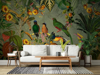 Entryway highlighted by Tropical Explorers' Chart wall mural with vibrant birds