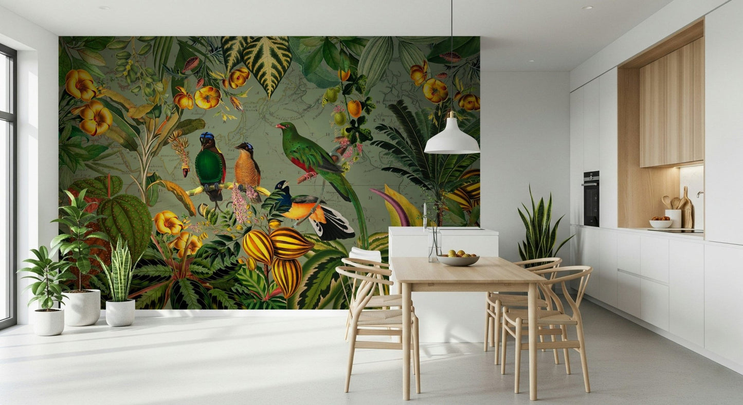 Dining room enhanced by Tropical Explorers' Chart wall mural with rich foliage
