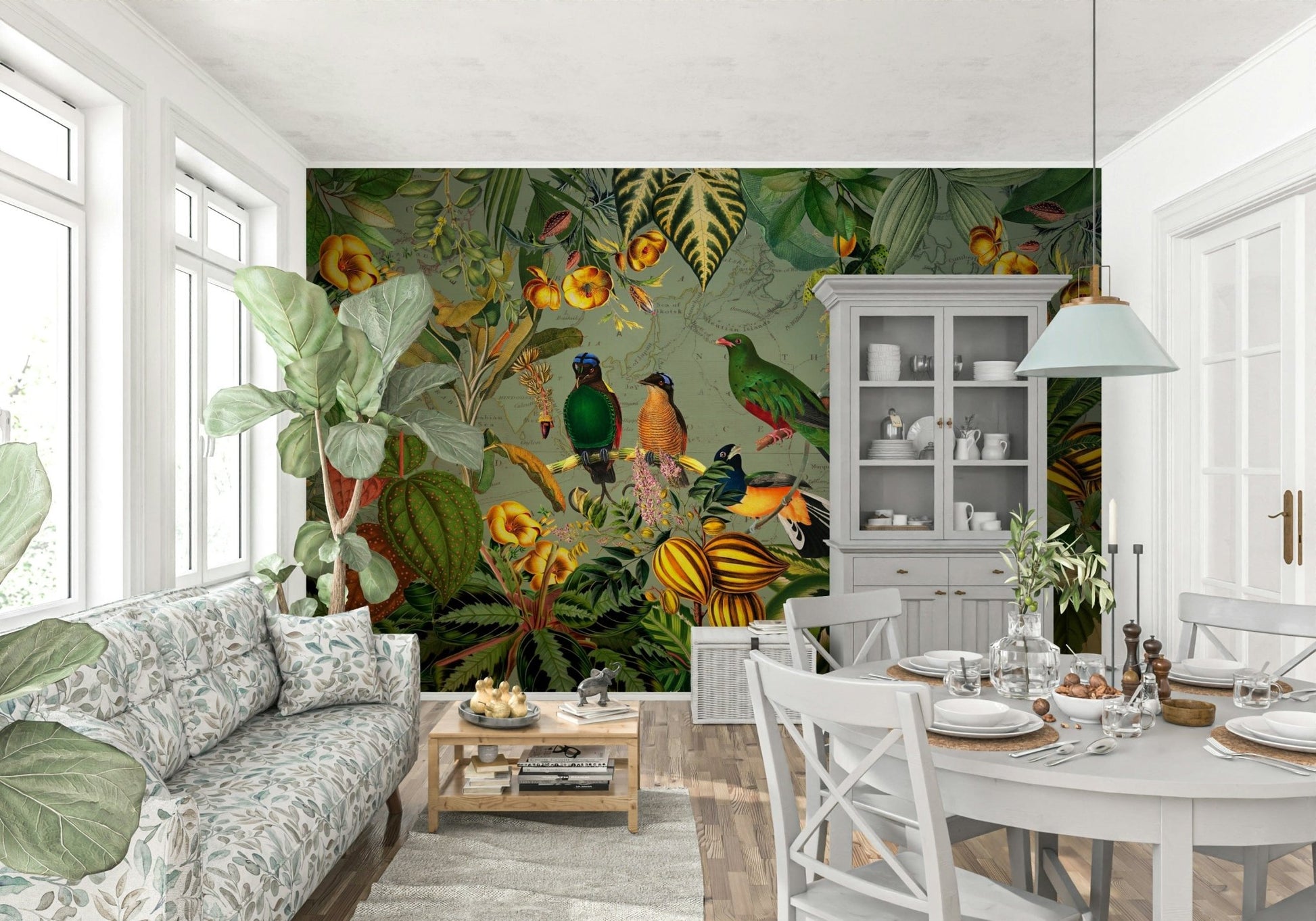 Kitchen finished in Tropical Explorers' Chart wall mural with jungle elements