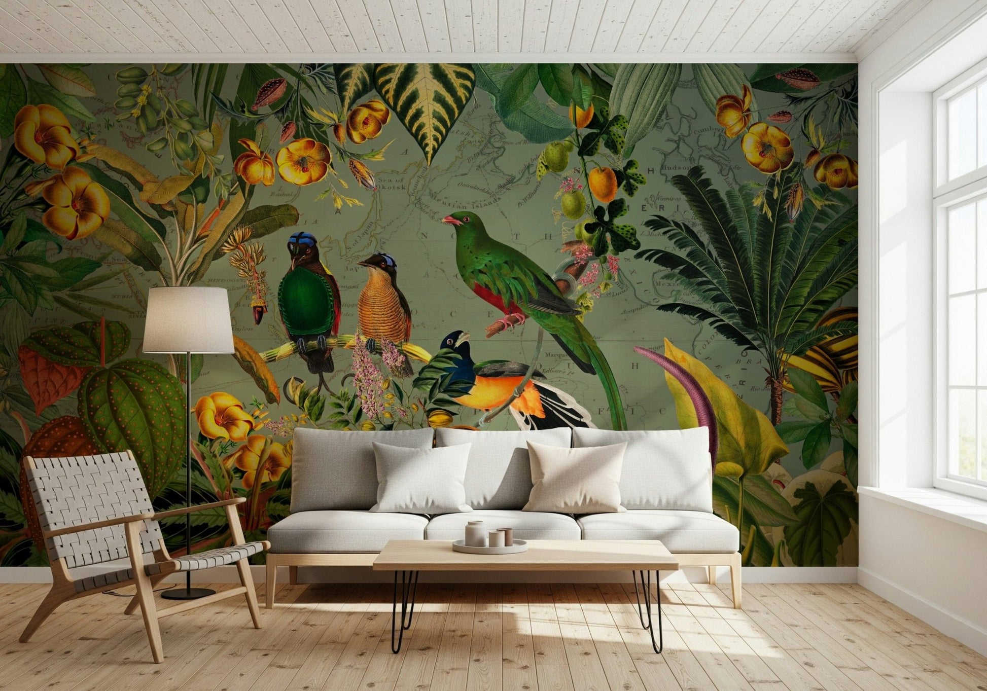Living area styled using Tropical Explorers' Chart wall mural with map detail