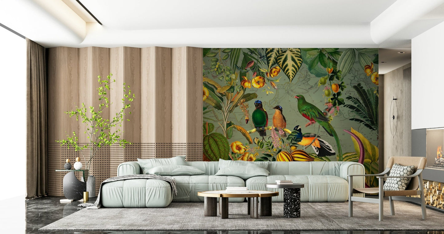 Lounge area paired with Tropical Explorers' Chart wall mural in matte finish