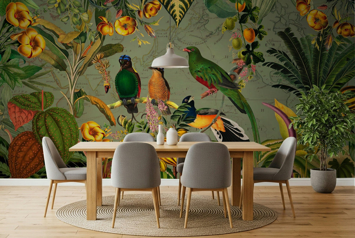Dining room backdrop using Tropical Explorers' Chart wall mural and botanicals, GD1203