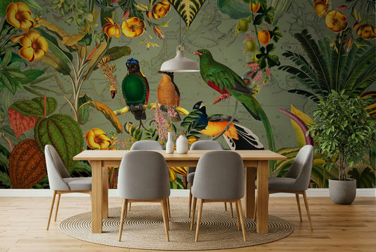 Dining room backdrop using Tropical Explorers' Chart wall mural and botanicals