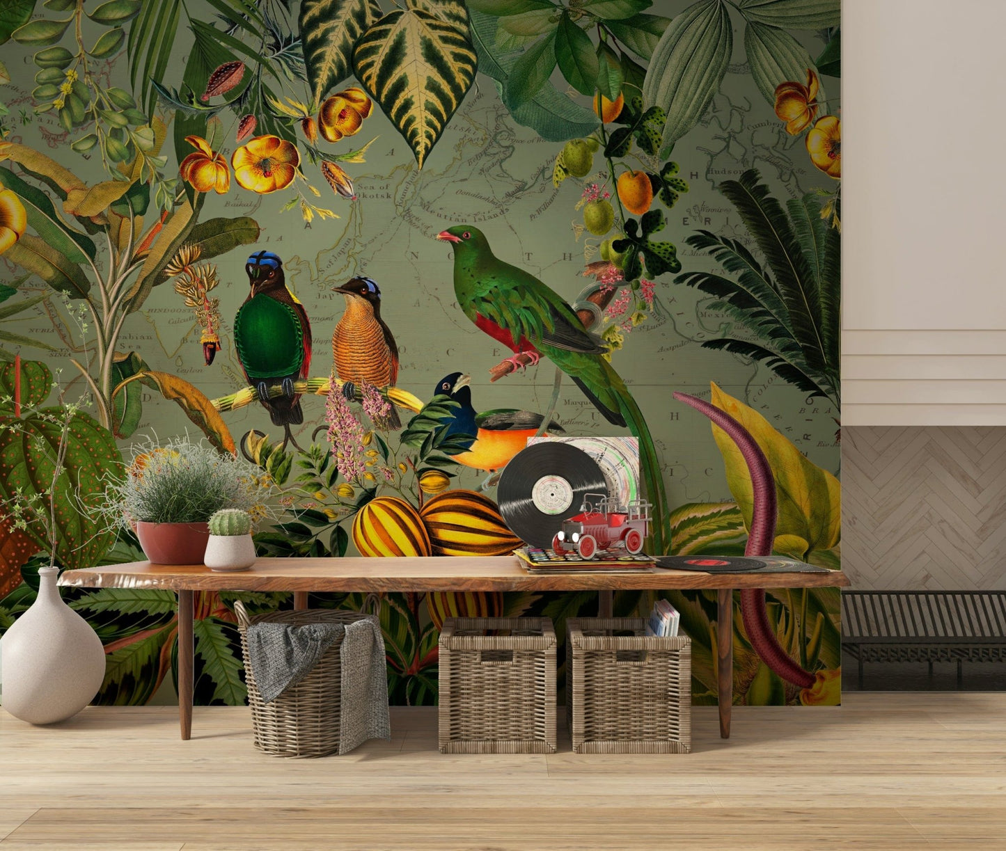 Tropical Explorers' Chart wall mural with exotic birds and botanical foliage