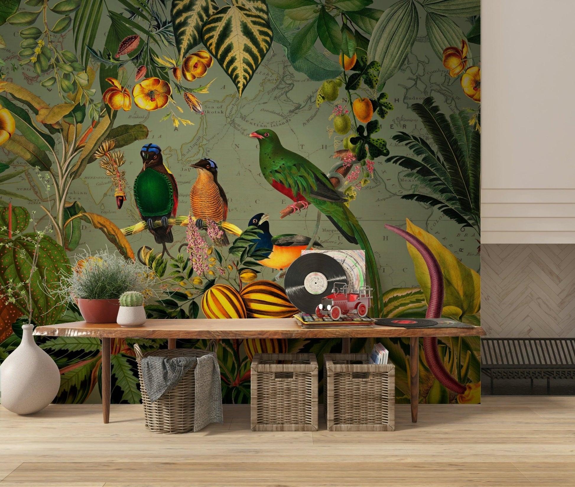 Tropical Explorers' Chart wall mural with exotic birds and botanical foliage