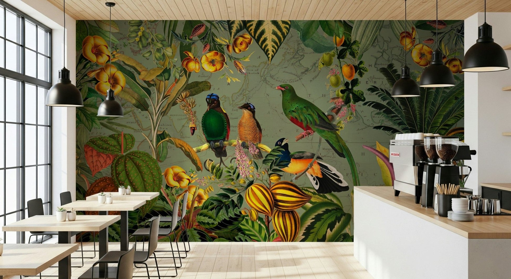 Cafe arranged with Tropical Explorers' Chart wall mural in layered design
