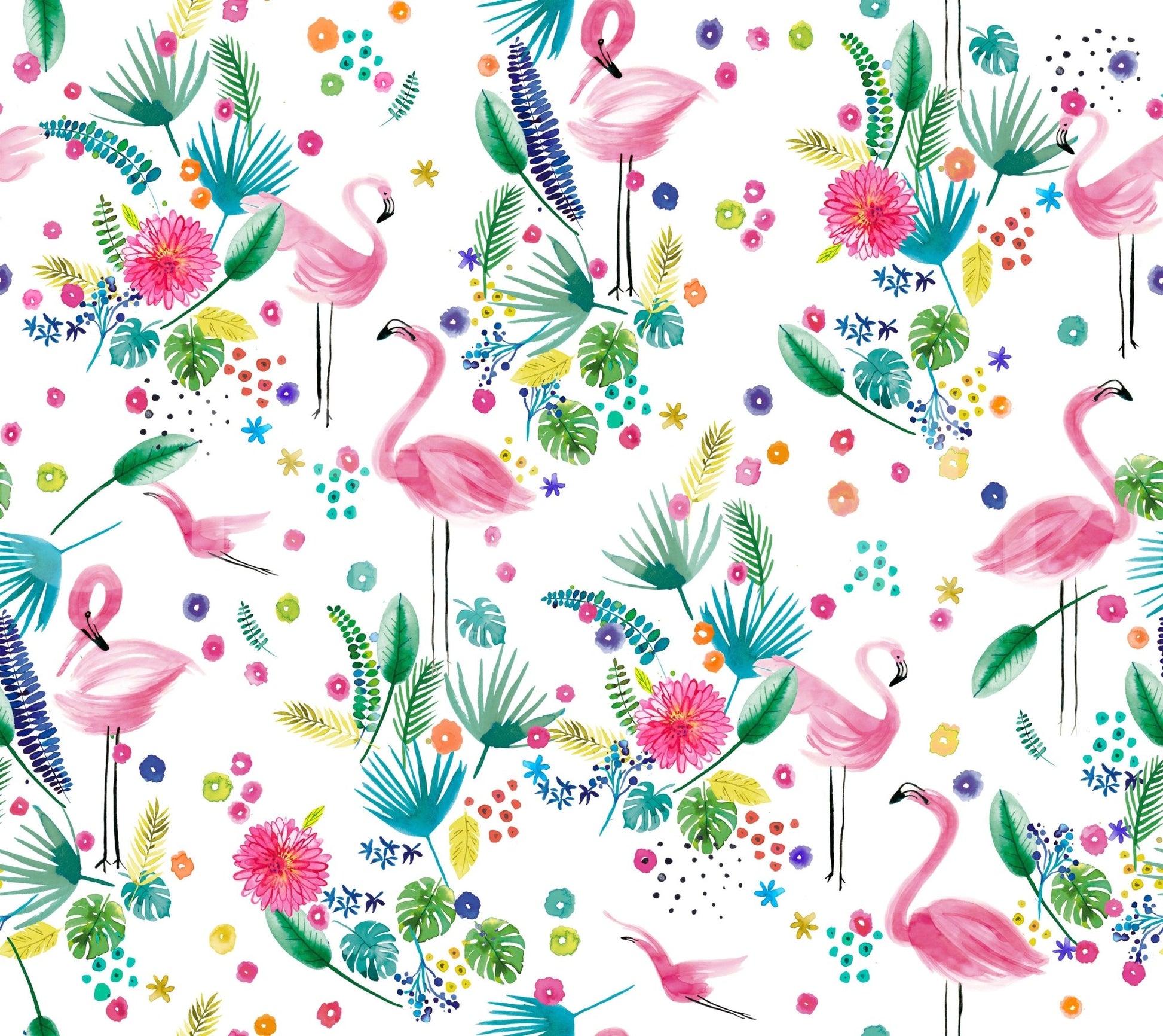 Lush jungle wallpaper with bright flamingo accents


