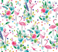 Lush jungle wallpaper with bright flamingo accents

