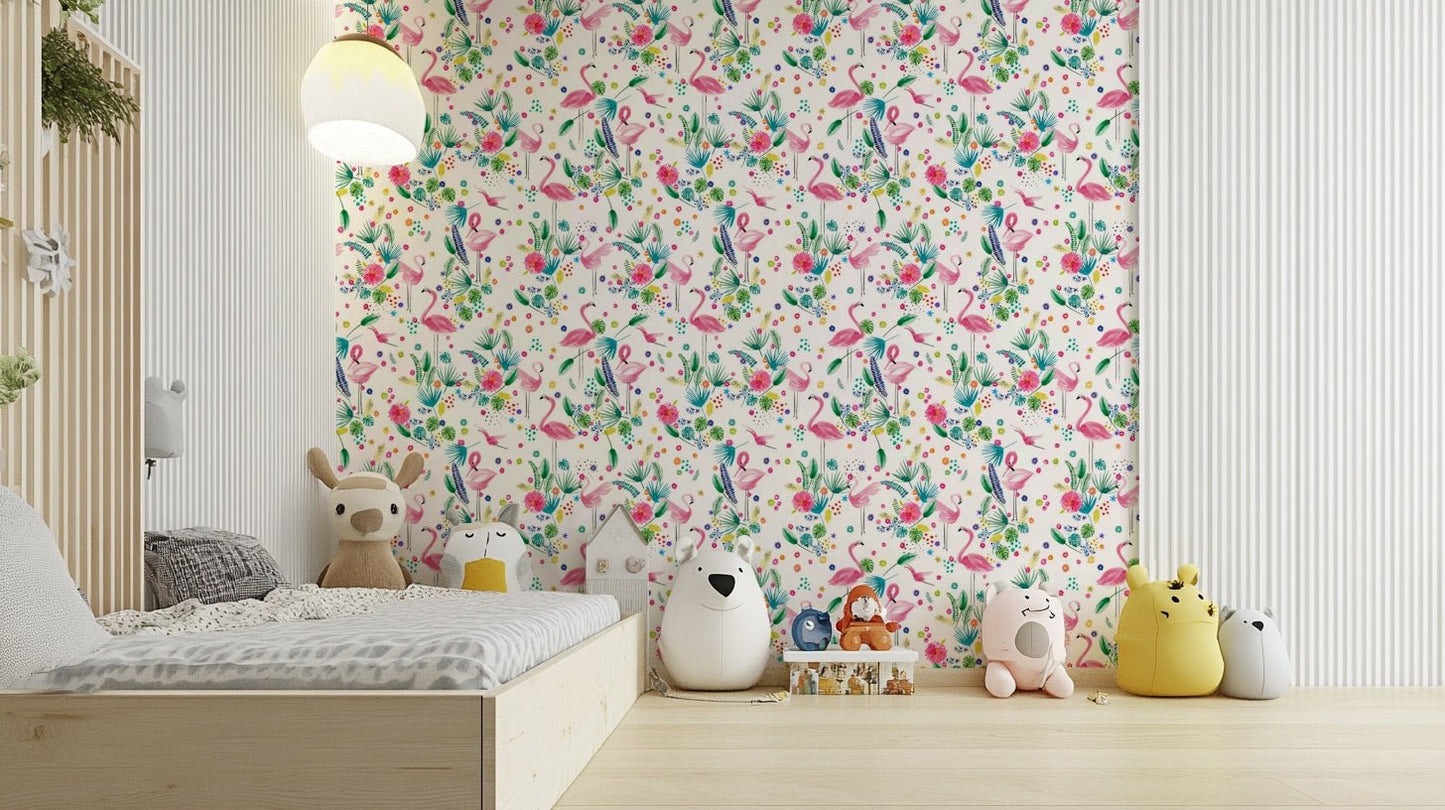 Pink flamingos in lush green jungle wallpaper

