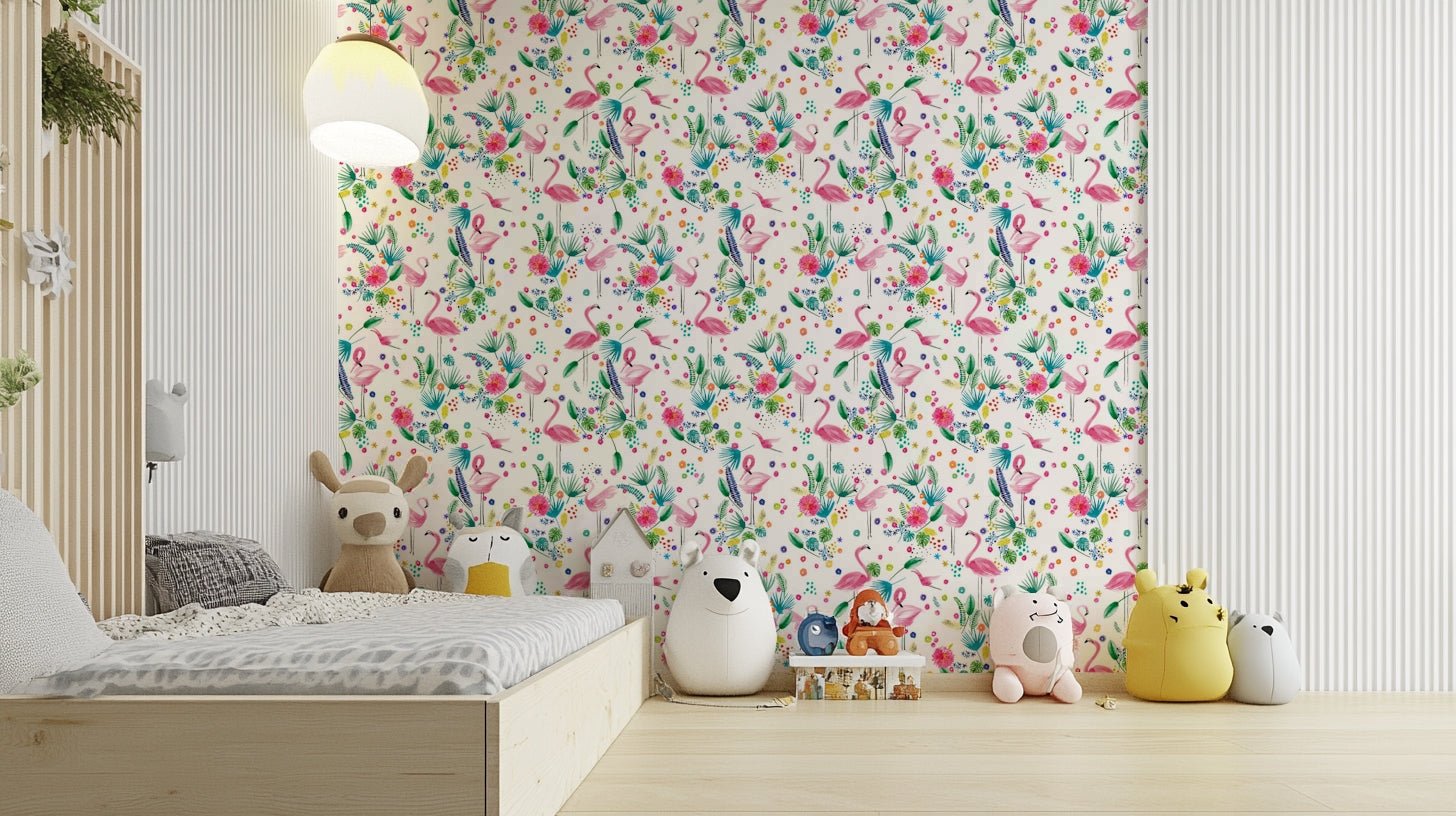 Pink flamingos in lush green jungle wallpaper

