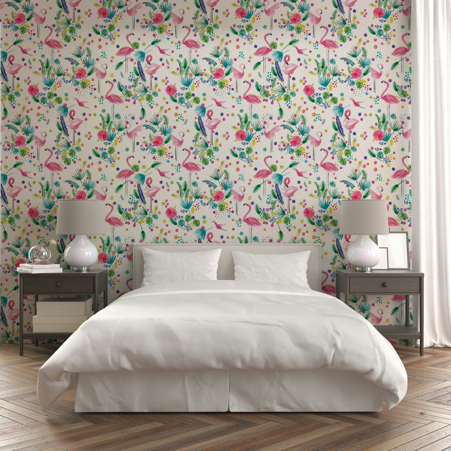 Artistic flamingo wallpaper in tropical forest style


