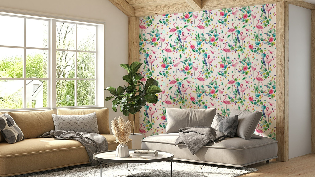 Jungle-inspired wall mural with flamingos and leaves

