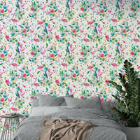 Green leaves and pink flamingo wall mural

