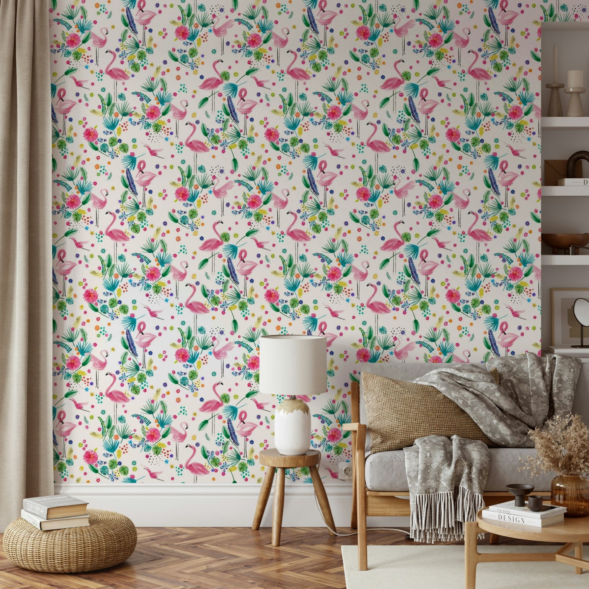 Tropical flamingo wallpaper in pink and green tones


