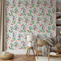 Tropical flamingo wallpaper in pink and green tones

