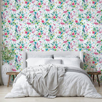 Exotic jungle wall covering with flamingos and plants

