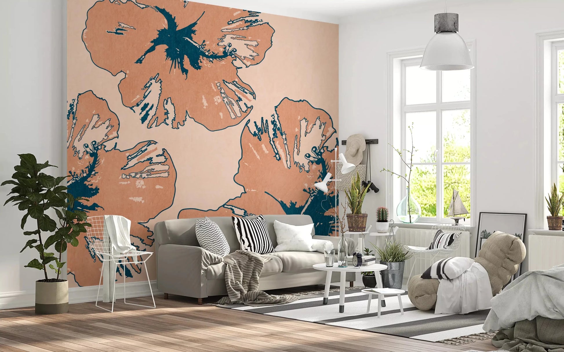 Peach Tropical Flow Summary wall mural in a living room with oversized floral forms