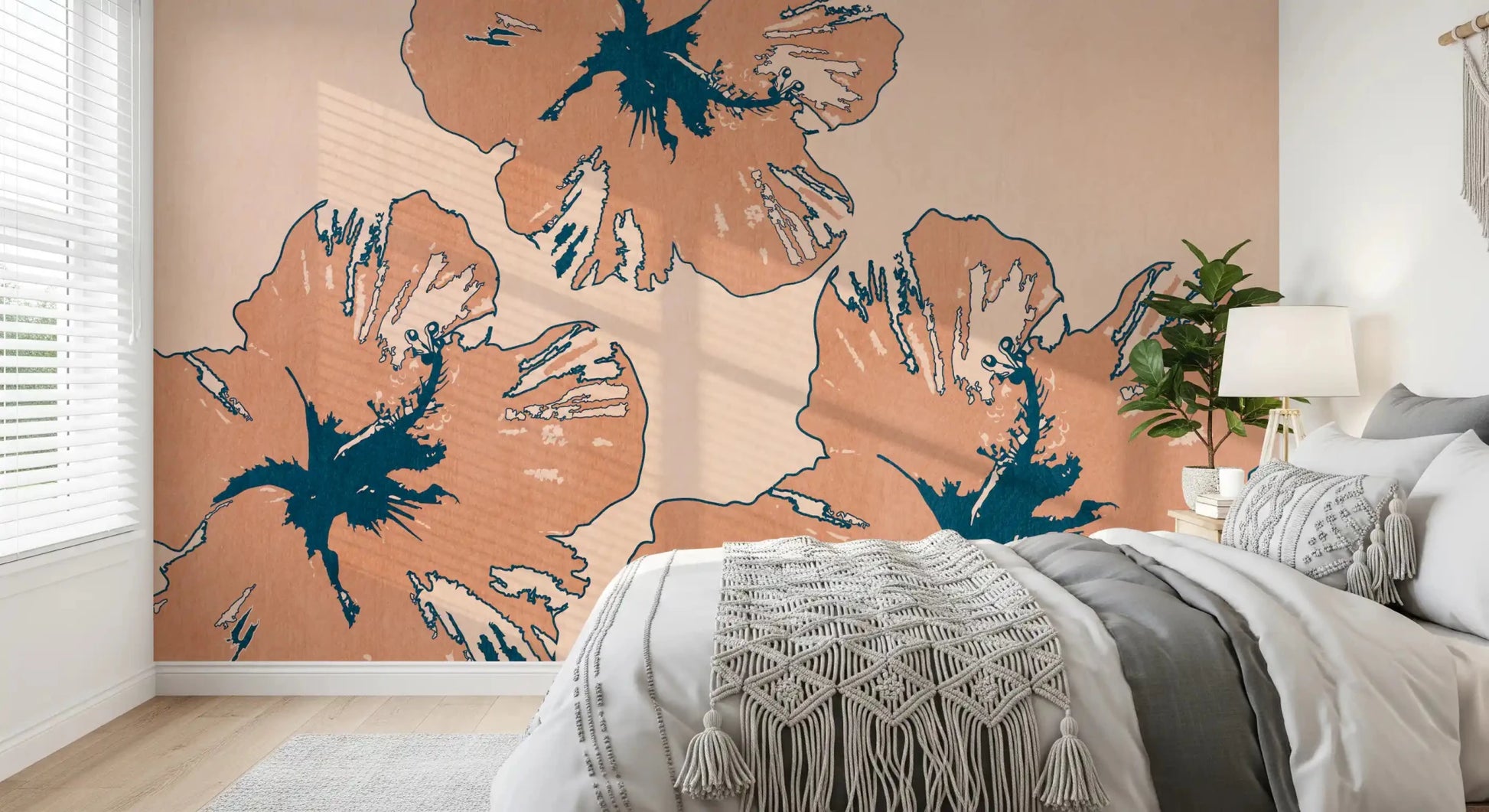 Bold Tropical Flow Summary wall mural in a bedroom with warm blooms and blue centers