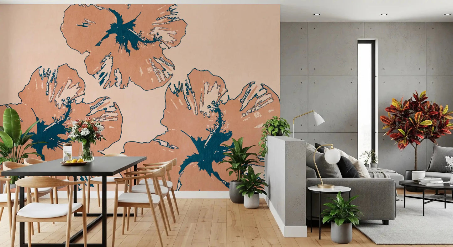 Graphic blossom outlines frame Tropical Flow Summary wall mural in peach tones