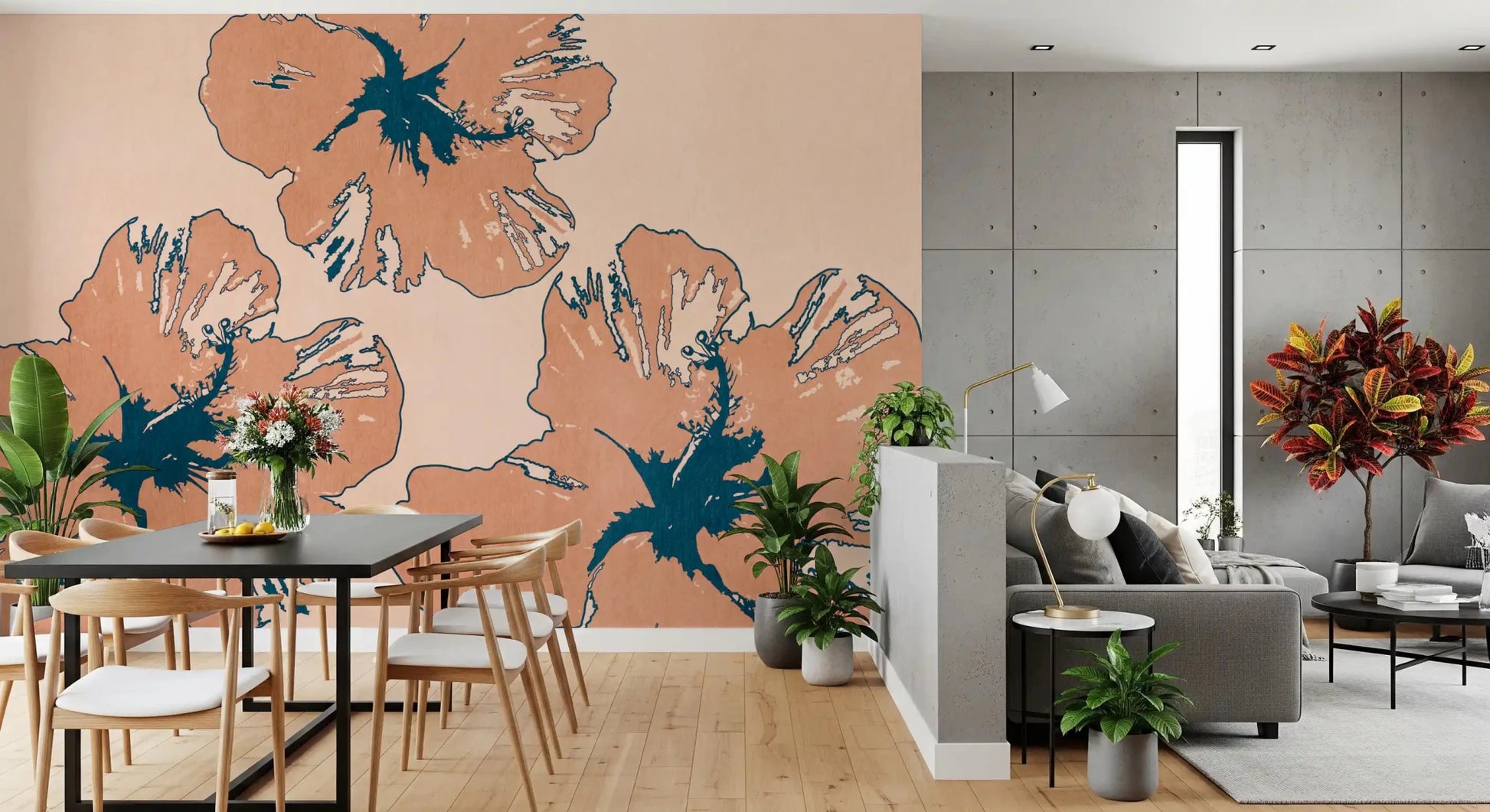 Graphic blossom outlines frame Tropical Flow Summary wall mural in peach tones